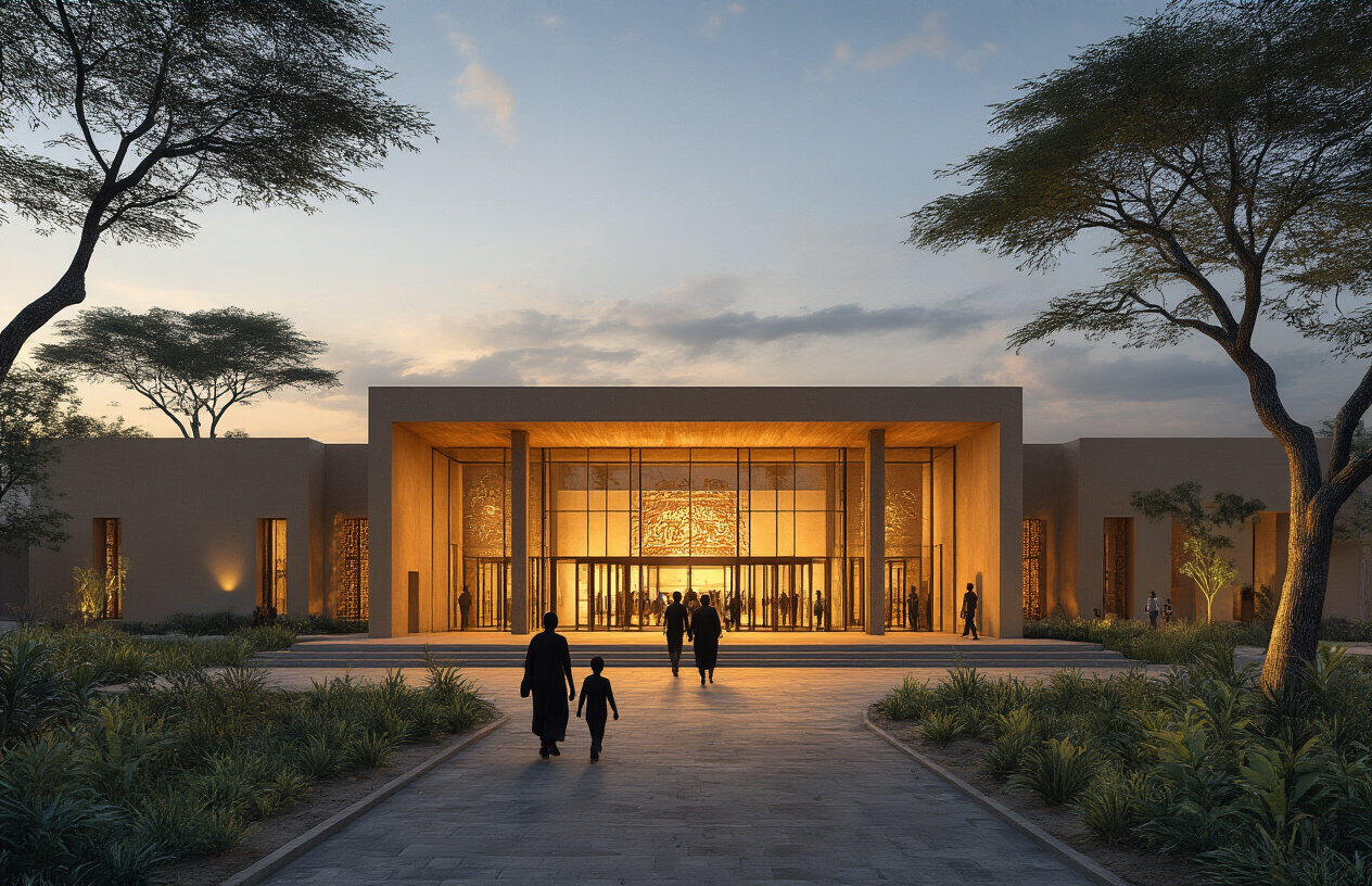 Create a realistic image of a modern theatre building in Kenya with traditional African architectural elements, featuring a well-lit entrance with glass doors and windows, surrounded by local vegetation and acacia trees, with a few black Kenyan people walking towards the entrance in evening light, showcasing the successful establishment of a cultural venue, with warm golden hour lighting creating an inviting atmosphere, absolutely NO text should be in the scene.