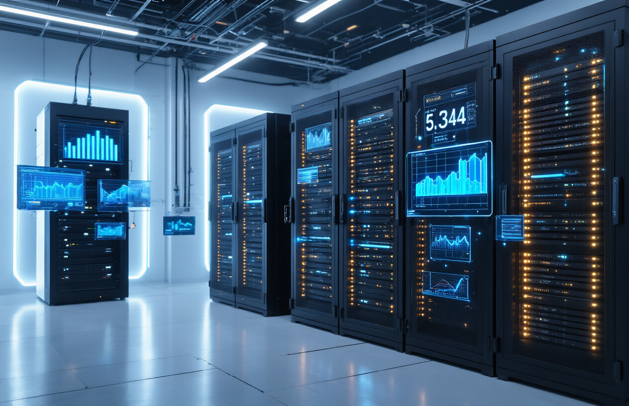 Create a realistic image of a futuristic server room with modern hosting infrastructure featuring sleek black server racks with glowing LED lights, fiber optic cables, and holographic displays showing upward trending graphs and data analytics, set against a clean high-tech environment with ambient blue and white lighting, conveying innovation and forward progress in web hosting technology. Absolutely NO text should be in the scene.