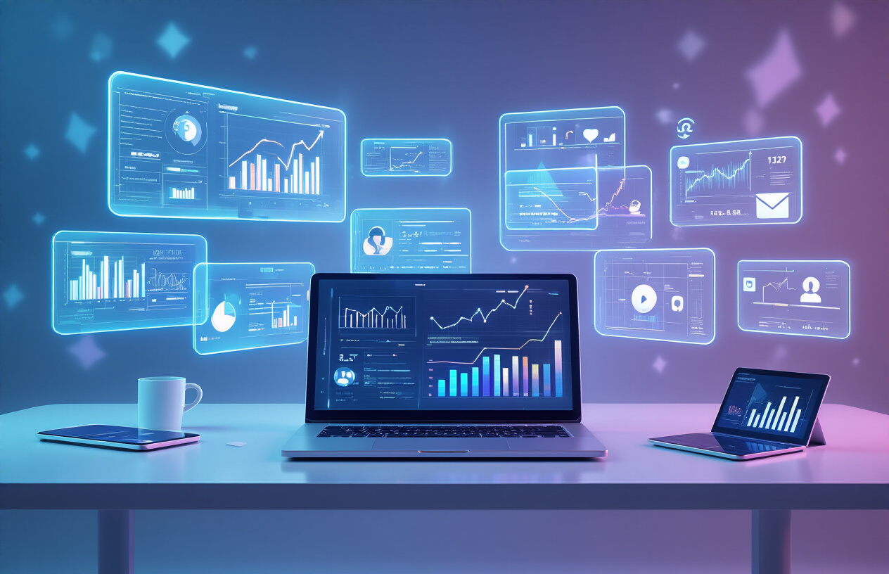 Create a realistic image of a futuristic digital workspace with multiple glowing holographic screens displaying various marketing analytics, charts, and social media icons floating in mid-air, a sleek modern desk with a laptop showing upward trending graphs, smartphone and tablet devices arranged nearby, soft blue and purple ambient lighting creating a high-tech atmosphere, clean minimalist background with subtle geometric patterns, conveying innovation and forward-thinking digital marketing concepts, absolutely NO text should be in the scene.
